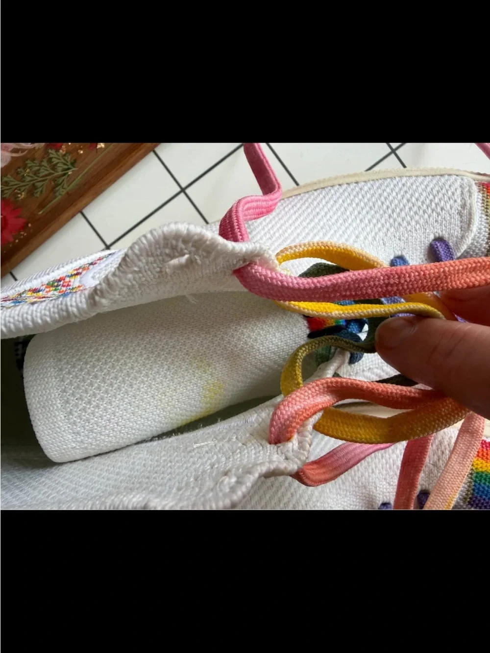 Rothy's White High-Top Sneakers with Rainbow Toe and Multicolor Laces Size10